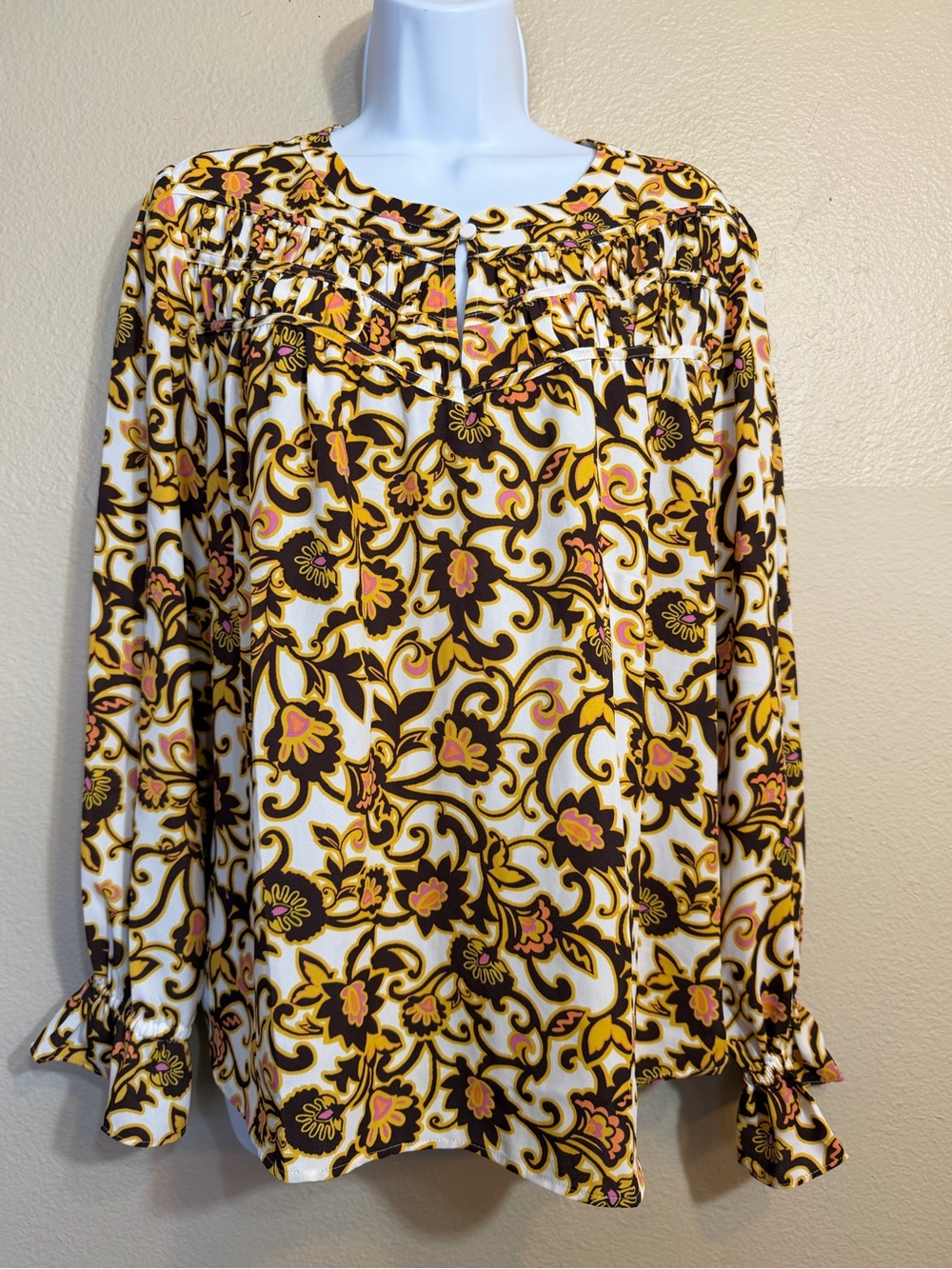 Loft Floral Print Long-Sleeve Peasant Top in White and Brown nwt